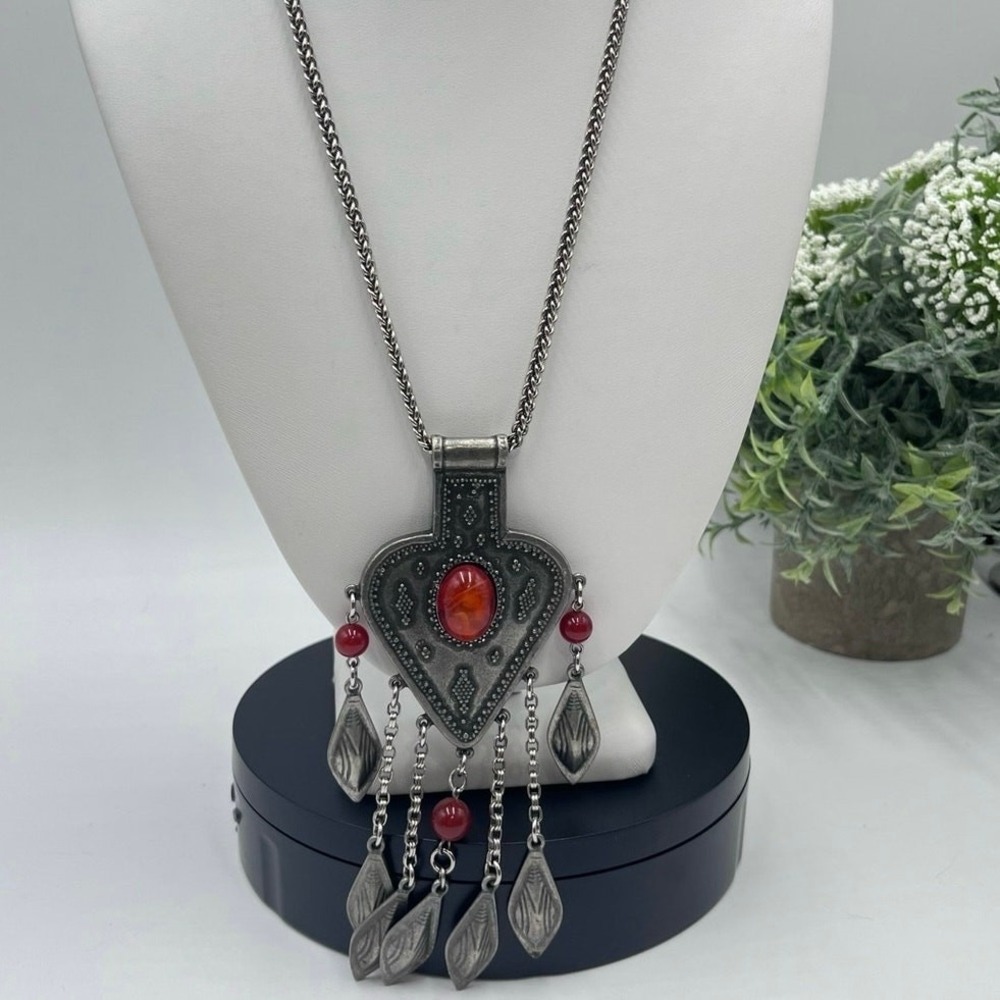 Ben Amun 1980 Faux Statement Carnelian Signed Tribal Dangle Long Necklace